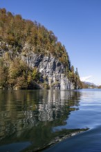 Rock face Echowand at Königssee, autumnal mountain landscape with lake, Berchtesgaden National