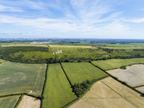 Fields and farms over Osmington White Horse from a drone, Osmington Hill, Weymouth, Dorset,