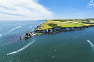 White Cliffs of Old Harry Rocks Jurassic Coast from a drone, Dorset Coast, Poole, England, United