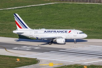 An Air France Airbus A318 aircraft with the registration F-GUGO at Split Airport, Croatia, Europe