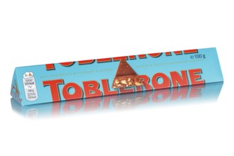 Toblerone chocolate of the salted almond variety from Tobler and Mondelez International Freisteller