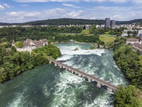 Aerial view of the Rhine Falls with railway viaduct and Laufen Castle, Neuhausen, Canton