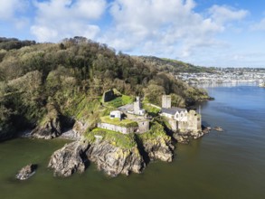 Dartmouth Castle over River Dart from a drone, Dartmouth, Kingswear, Devon, England, United