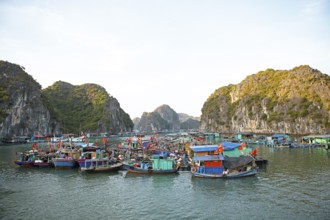 Floating fishing village of Cai Beo and karst rocks in Lan Ha Bay, Halong Bay, Vietnam, Asia