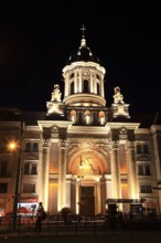 Romania, Banat, city of Arad, city centre, Minorite Church, Roman Catholic Cathedral at night,