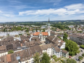 Aerial view, townscape, town centre, old town of Frauenfeld, with the town church of St. Nicholas,