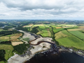 Cliffs over Mothecombe Beach and Red Cove from a drone, River Emme, Mothecombe, Plymouth, South