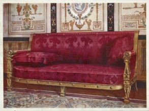 Furniture around the turn of the century 1900, Carved gilt sofa covered in rose brocade de Lyons