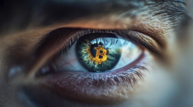 Close up of an eye with bitcoin sign in retina. Concept of earnings and market gains using bitcoin