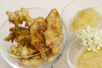 Swabian cuisine, elderberry cakes with apple sauce, elderberry cakes, elderflowers in pastry,