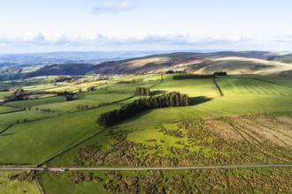 Farms over Black Mountain from a drone, Brecon Beacons National Park, Carmarthenshire, Wales,