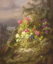 Alpine flowers on a rocky mountain landscape with snail and flowers and flying butterfly, painting