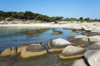 Tranquil coastal view with rocks and a sandy shore under a clear sky, Karidi beach, Karydi,