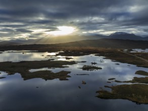 Morning light, cloudy mood, sunbeams, mountain landscape, loch, moor, aerial view, road, autumn,