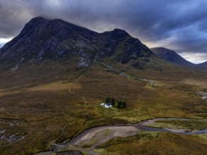 Cloudy mood, river, moor, aerial view, mountain landscape, autumn, cottage, view of Langangarbh