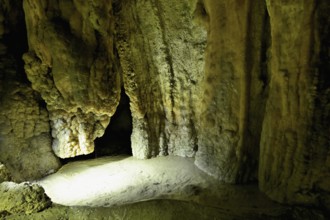 Stalactites illuminated by coloured LED light, stalactite cave, Höllgrotten, Baar, Canton Zug,