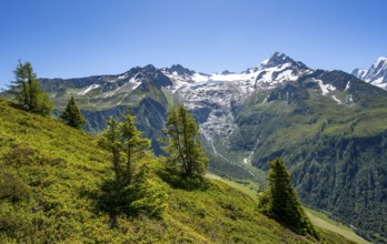 Mountain panorama with glaciated mountain peaks, Aiguille de Chardonnet with Glacier du Tour, hike