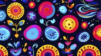 Playful, abstract illustration features a seamless pattern of whimsical hand-drawn shapes and icons