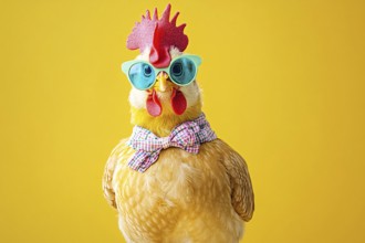 Funny chicken with bow tie and sunglasses in fornt of yellow background. Generative Ai, AI