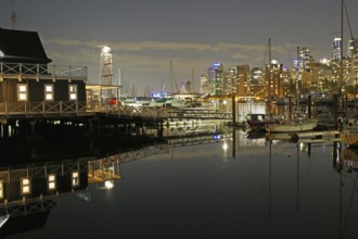 Atmospheric shot of a harbour at night with illuminated buildings and boats, Stanley Park,