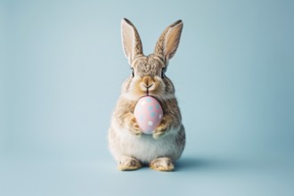 Cute Easter bunny holding painted egg in front of blue background . Generative Ai, AI generated