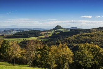 Hegau volcanoes Hohenhewen and Hohenstoffeln, behind them the Swiss Alps, near Engen, Hegau,