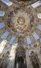 Interior of the baroque church with ceiling paintings and altar, Ettal Abbey, baroque Benedictine