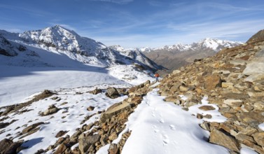 Mountaineer on a hiking trail with snow, descent from Ramoljoch at Spiegelferner, autumnal mountain