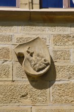 Coat of arms, stone plaque, relief, head of a wild boar, Varbüler Castle, Hemmingen Castle, former