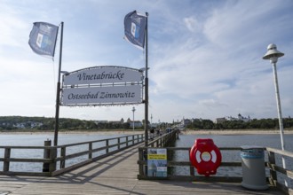 Signs on the pier, Vinetabrücke and Baltic resort Zinnowitz, Zinnowitz, Usedom Island, Baltic Sea,