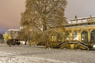 Old Town in the snow, porcelain pavilion of the Zwinger, exterior view at night, Dresden, Saxony,