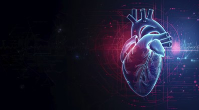 Concept of technology and innovation in health and heart research. Heart health monitoring, AI