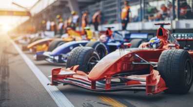 Two race cars are speeding down a track, auto racing competition, AI generated