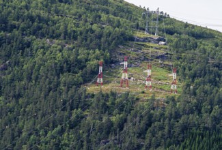 High voltage power line at lake Hornindalsvatn, west of Stryn, Norwy