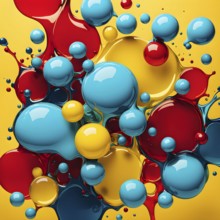 Abstract image with vibrant blue and red blobs and liquid shapes on a yellow background, AI