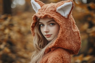 Young woman wearing a fox sweater with ears in autumn forest. Generative Ai, AI generated