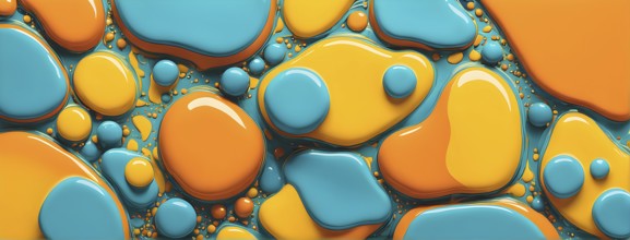 Abstract wallpaper with colorful turquoise and yellow blobs and liquid shapes on a orange