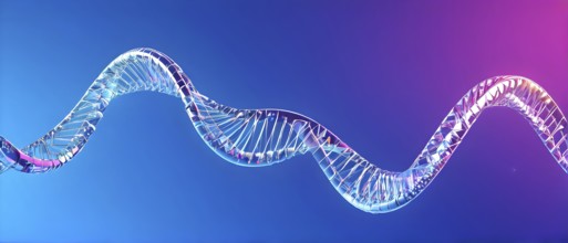 DNA double helix structure against gradient blue background, AI generated