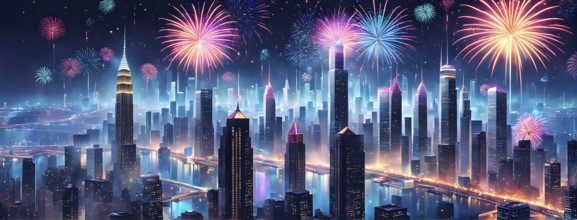 Wallpaper illustration of a cityscape on New Year's Eve, with glowing skyscrapers and floating