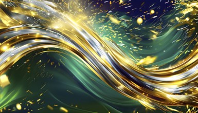 Abstract Illustration of energetic and dynamic swirl of gold, silver, and deep green hues,