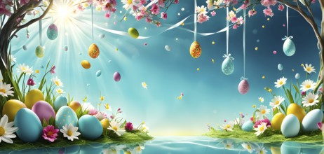 Surreal Easter scene with floating eggs, ribbons, and flowers in a dreamlike, whimsical composition