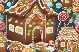 Abstract wallpaper illustration of of gingerbread house decoration, AI generated