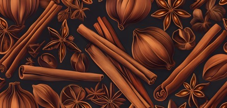 Abstract wallpaper illustration of Christmas spices like cinnamon sticks, star anise, and cloves,