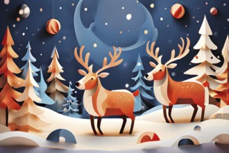 Whimsical abstract scene with stylized reindeer and sleighs to capture the magic of Christmas, AI