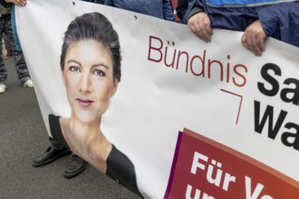 Portrait of Sahra Wagenknecht on a poster of the BSW (Sahra Wagenknecht Alliance) at the Die Waffen