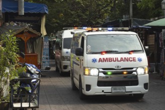 Ambulance, ambulance on duty, at Phra Athit Road, Chana Songkhram, Phra Nakhon, Bangkok, Thailand,