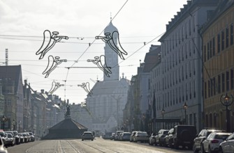 Europe, Germany, Bavaria, Swabia, Augsburg, Maximilianstraße, Christmas decoration, View to St.