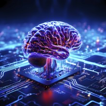 Human brain intricately interlinked with the circuits of a computer board symbolizing artificial