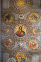 Detailed orthodox fresco on a church ceiling with religious icons and symbolic elements, Panaghia