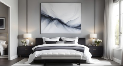 Empty modern bedroom with a large, plush bed covered in white linens, a single framed artwork on